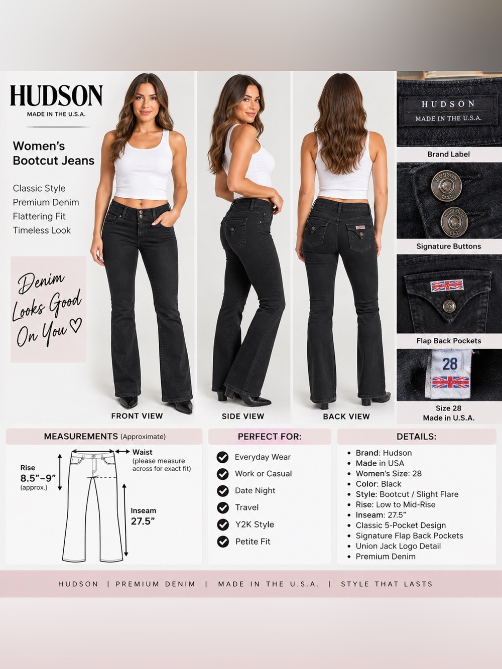 Hudson Jeans Women’s 28 Black Bootcut Flare Made in USA Y2K 27.5” Inseam